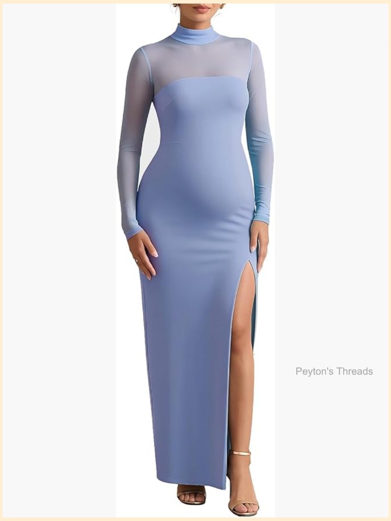 Maternity Mesh Bodycon Dress Mock Neck Long Sleeve Back Zipper High-Leg Split